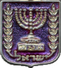 Picture of a shield with a 7 branch menorah surrounded by leafs and below it the word Yisra'el in Hebrew